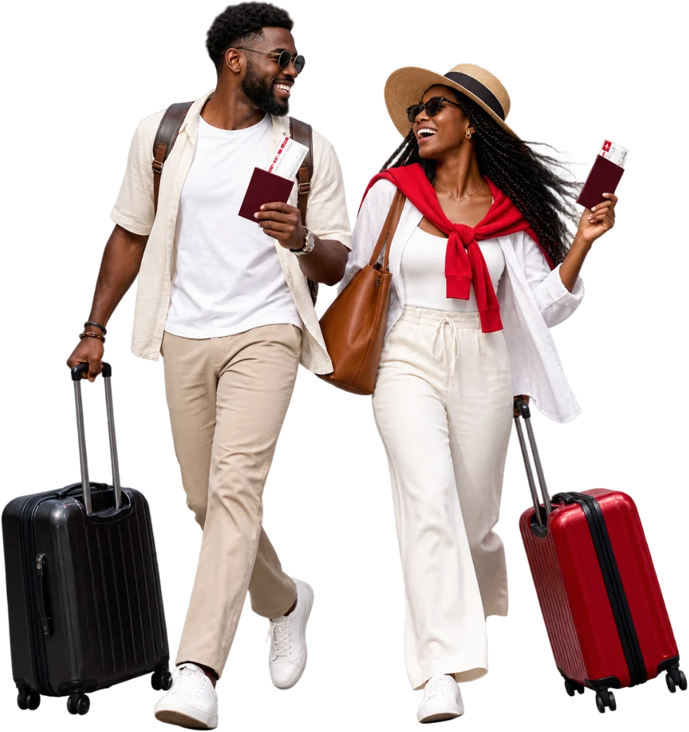 Travellers walking with passports and suitcases